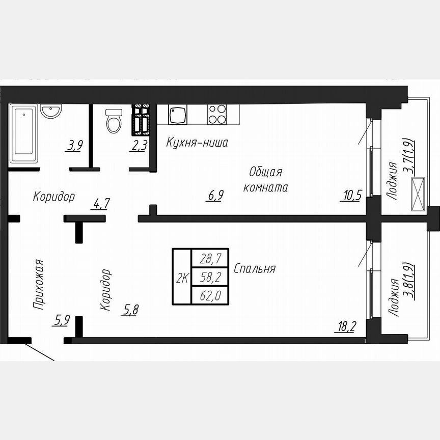 1-к. квартира, 62 м², 8/17 эт.