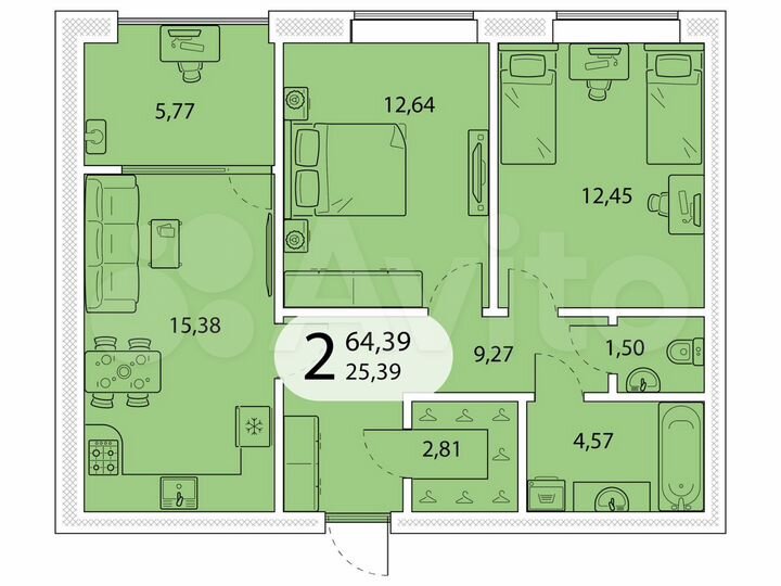 2-к. квартира, 64,4 м², 5/5 эт.