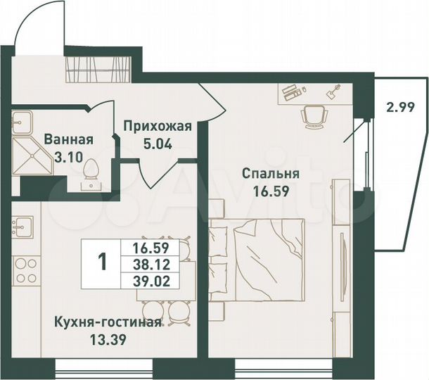 1-к. квартира, 39 м², 10/16 эт.