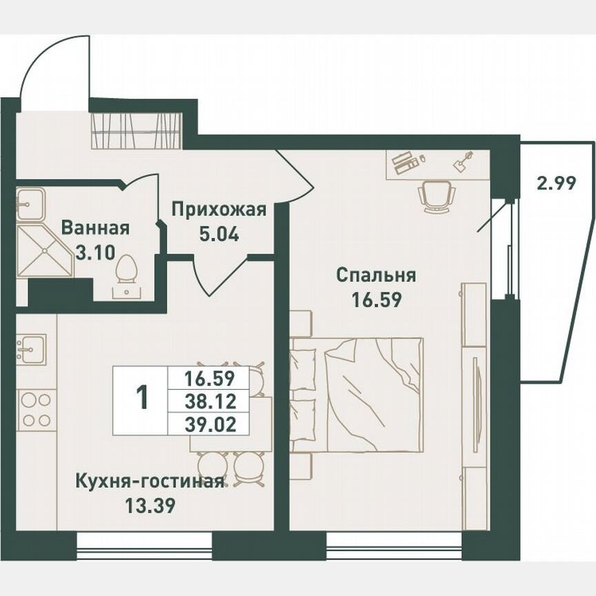 1-к. квартира, 39 м², 10/16 эт.