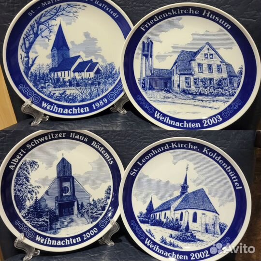 Тарелки голубые,рождественский фарфор