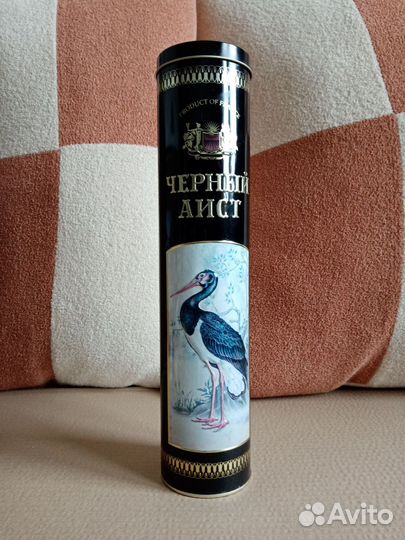 Коробка тубус жестяной от коньяка чёрный аист