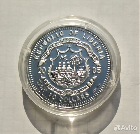 Либерия 10 долларов 2005 г. серебро, бриллианты