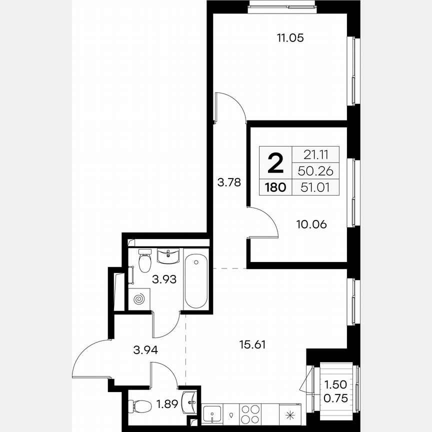 2-к. квартира, 51 м², 4/9 эт.