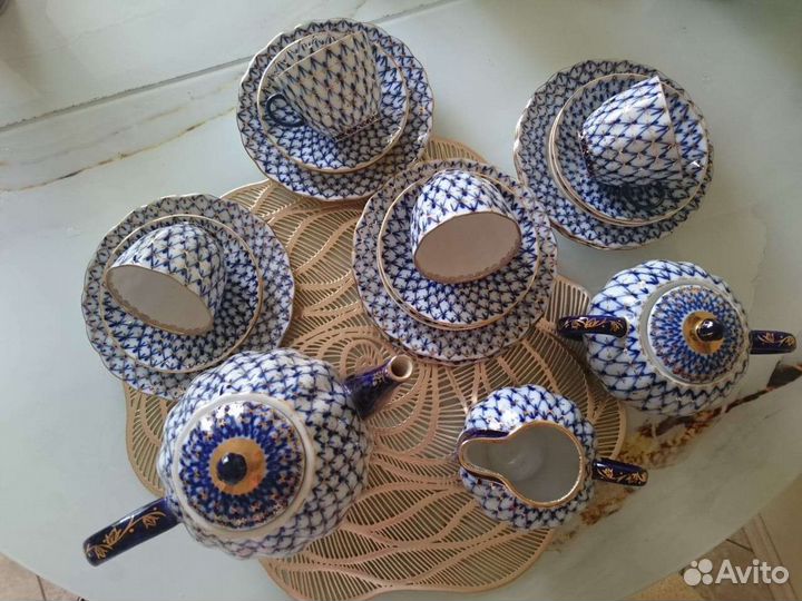 Кофейный сервиз лфз Кобальтовая сетка с позолотой