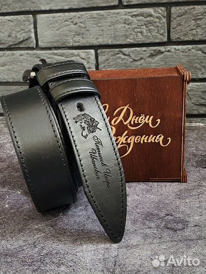 Ремень мужской с именной гравировкой волка