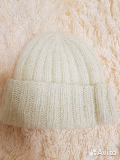 Шапка с шарфом, махровая + ангора, ручная вязка