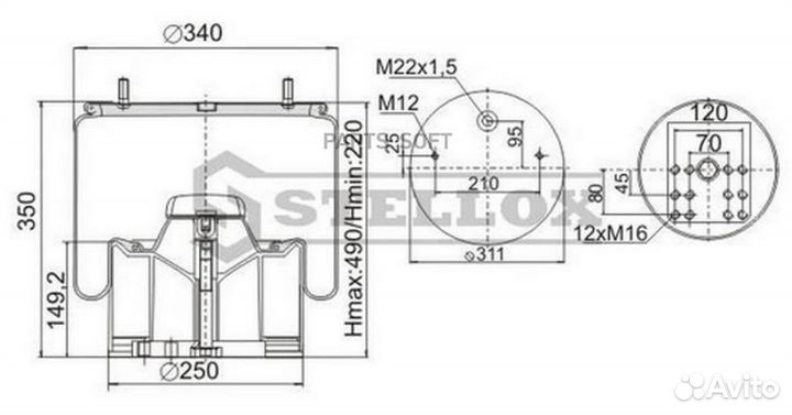 Stellox 9048814SX пневмоподушка со стак.+плита,2шп.M12 смещ.25 1отв-шт.M22 Поршень пластик \BPW