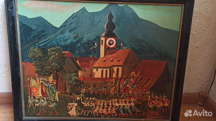 Картина(гравюра на дереве),с часами,Европа сер.20в