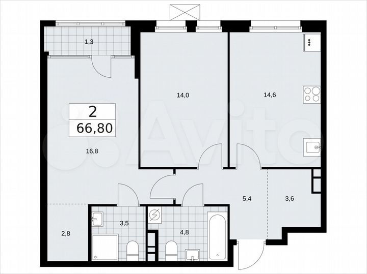 2-к. квартира, 66,8 м², 8/16 эт.