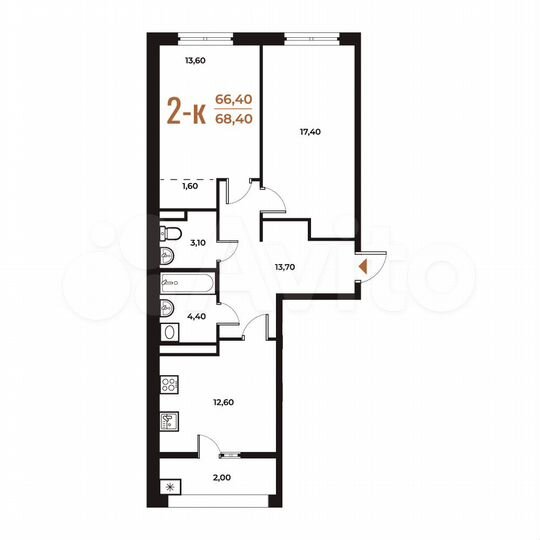 2-к. квартира, 68,4 м², 3/8 эт.
