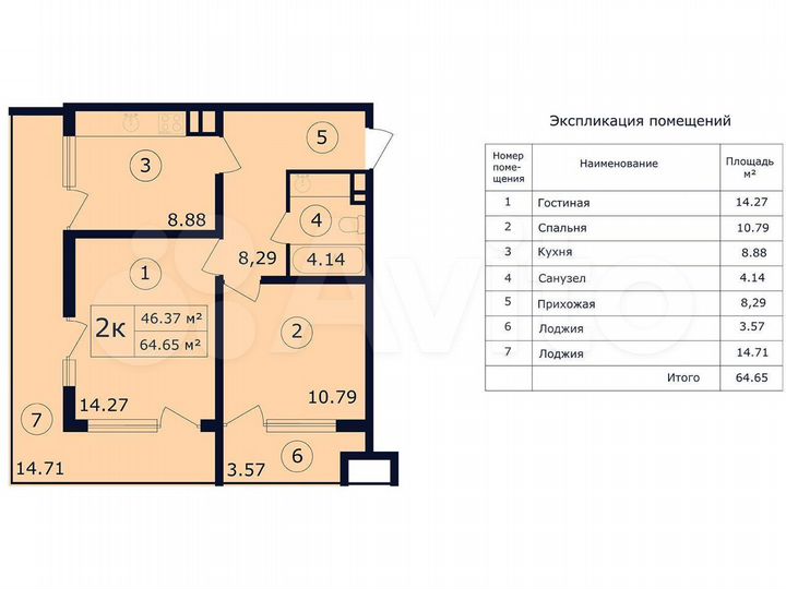 3-к. апартаменты, 64,7 м², 4/7 эт.