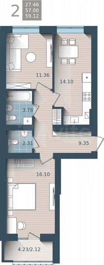 2-к. квартира, 59,1 м², 1/4 эт.
