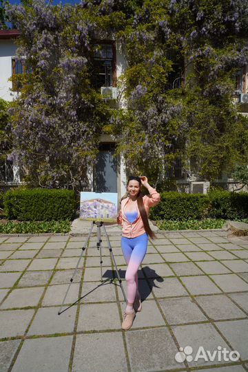 Картина маслом на холсте пейзаж с глицинией