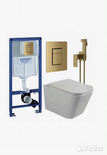 Инсталляция Grohe золото с унитазом и гиг душем