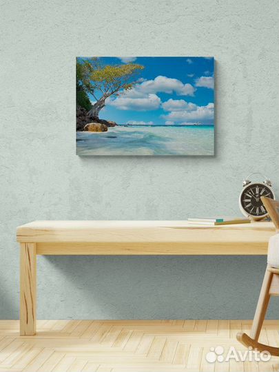 Картина летняя с песчаным пляжем на холсте