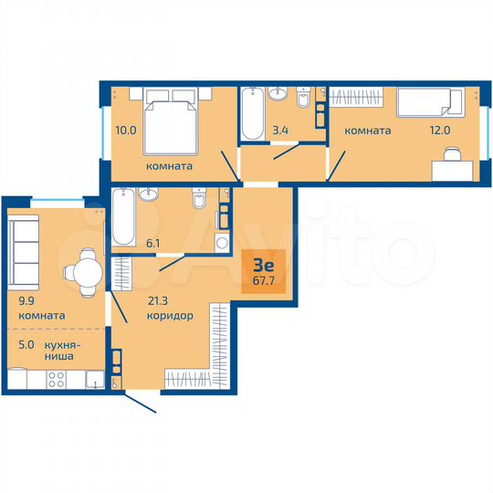 3-к. квартира, 67,7 м², 8/10 эт.
