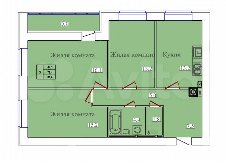 3-к. квартира, 81,4 м², 1/14 эт.