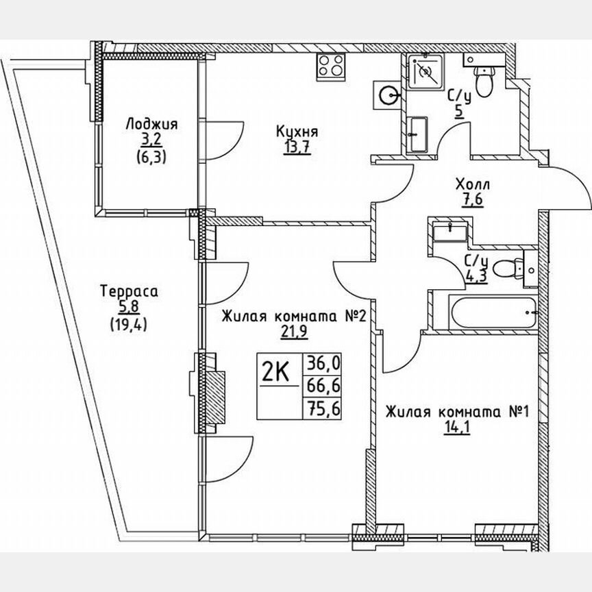 2-к. квартира, 66,6 м², 2/19 эт.