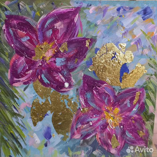 Картина цветы с поталью