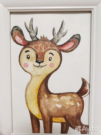 Акварель Олененок в раме и Совушка