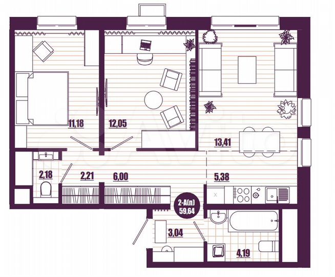 2-к. квартира, 59,6 м², 15/16 эт.