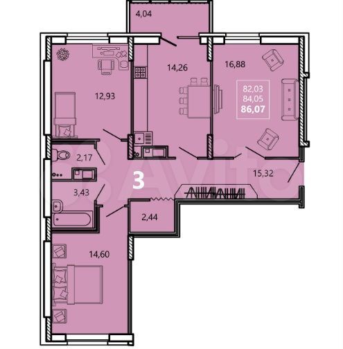 3-к. квартира, 86,1 м², 6/16 эт.