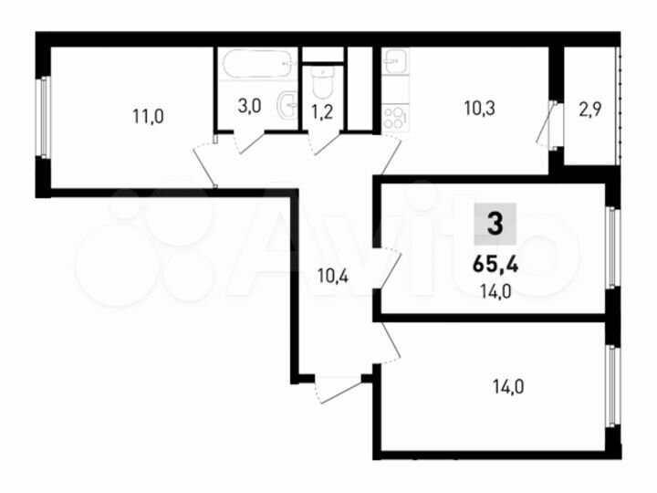 3-к. квартира, 65,4 м², 9/14 эт.