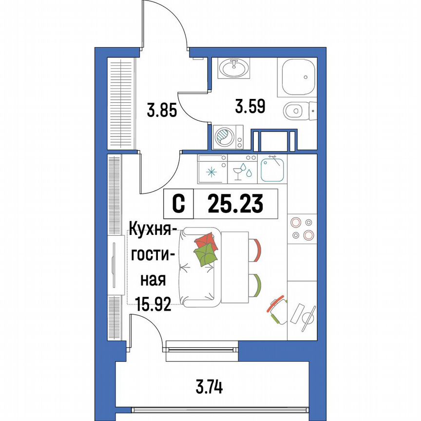 Квартира-студия, 25,2 м², 15/16 эт.