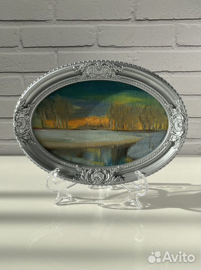 Картина маслом миниатюра в рамке Закат