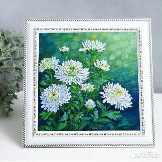 Картина маслом, цветы Хризантемы, холст 20х20