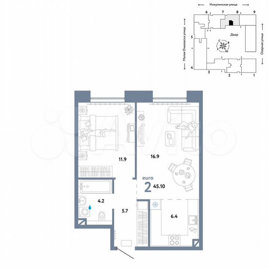 2-к. квартира, 45,1 м², 4/30 эт.