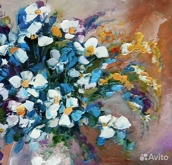 Картина с цветами. Букет ромашек в вазе