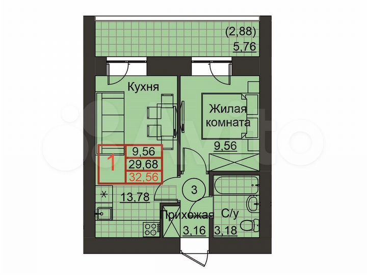 1-к. квартира, 32,6 м², 9/20 эт.