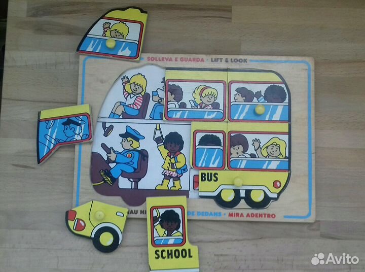 Винтажный деревянный пазл Школьный автобус