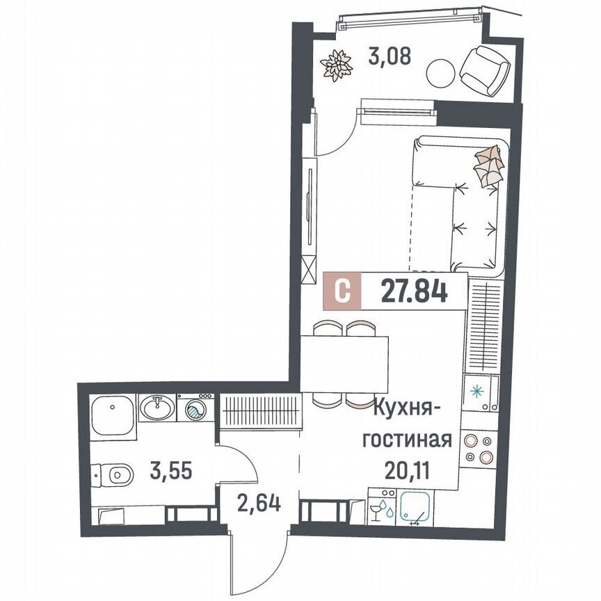 Квартира-студия, 27,8 м², 9/18 эт.