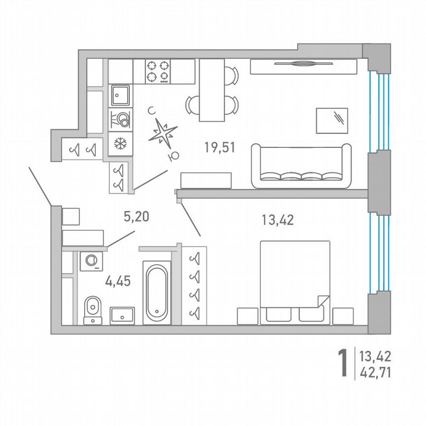 1-к. квартира, 42,7 м², 6/10 эт.