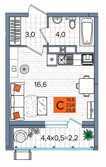 Квартира-студия, 25,8 м², 14/17 эт.