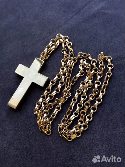 Крест наперсный латунный в позолоте с эмалью и цеп