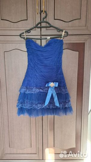 Синее коктейльное короткое вечернее платье