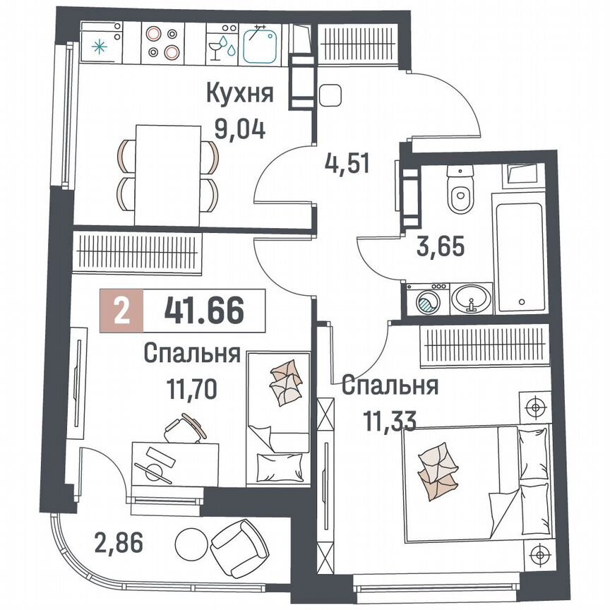2-к. квартира, 41,7 м², 15/18 эт.