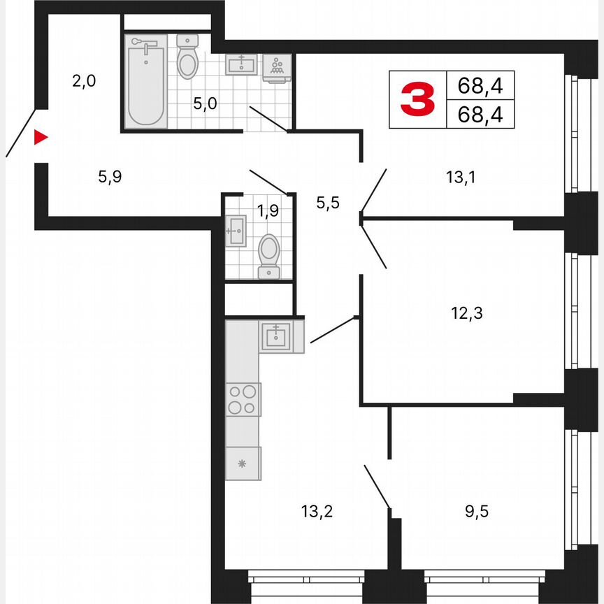 3-к. квартира, 68,4 м², 13/29 эт.