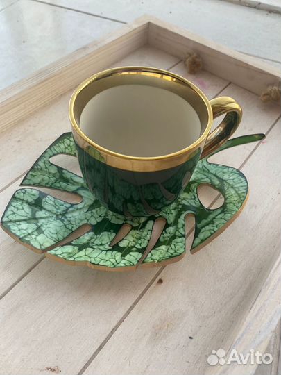 Новый комплект вазочка подставка монстера и кружка