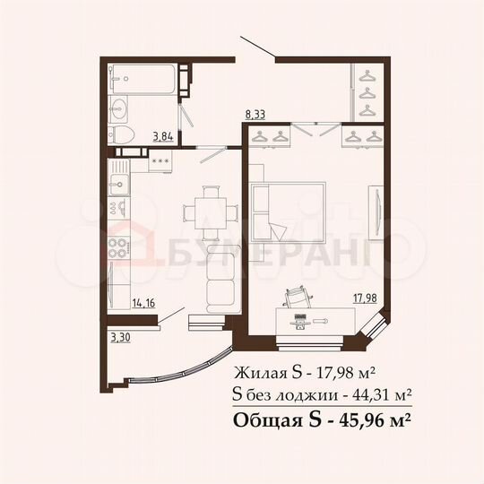 1-к. квартира, 46 м², 1/17 эт.