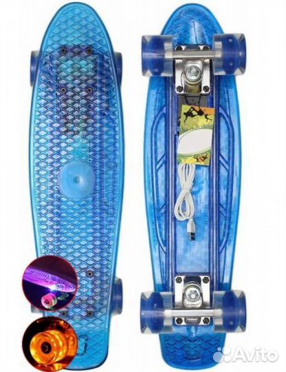 Скейт-пениборд TechTeam Fish LED подсвет. голубой