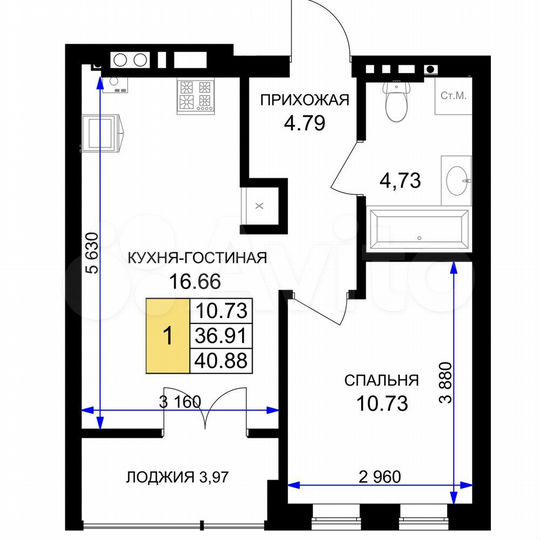 1-к. квартира, 40,9 м², 3/7 эт.