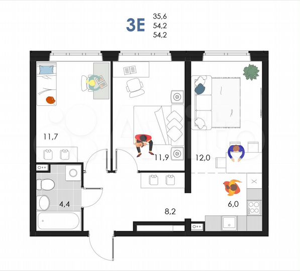 3-к. квартира, 54,2 м², 1/6 эт.