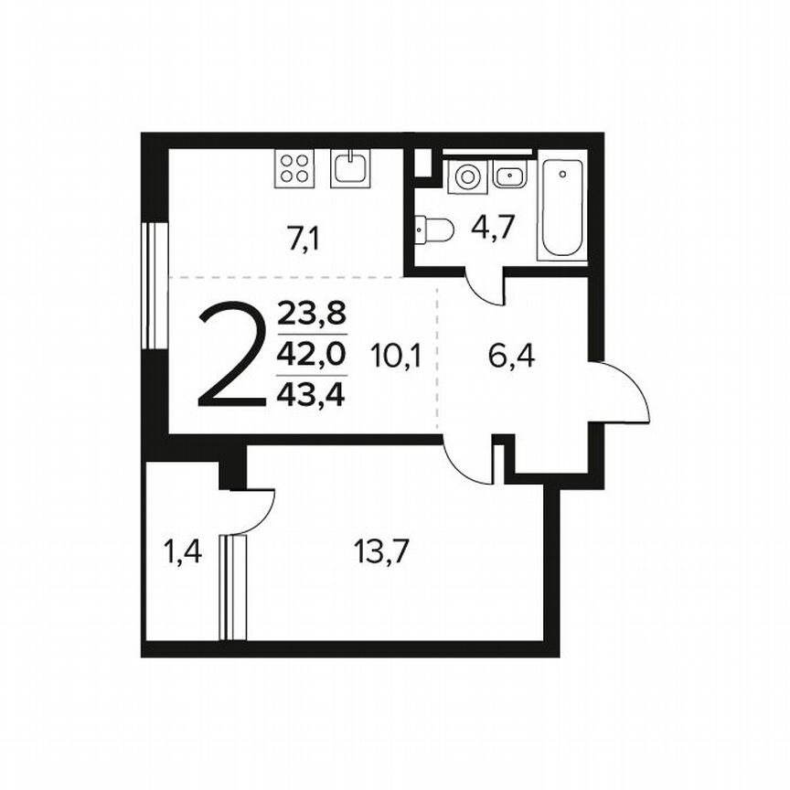2-к. квартира, 43,4 м², 2/9 эт.