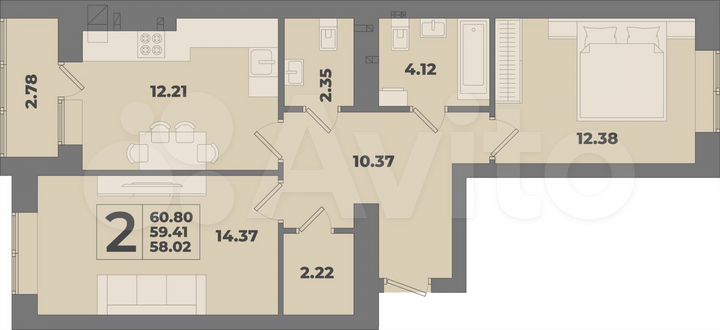 2-к. квартира, 61,3 м², 2/10 эт.