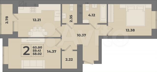 2-к. квартира, 61,3 м², 2/10 эт.